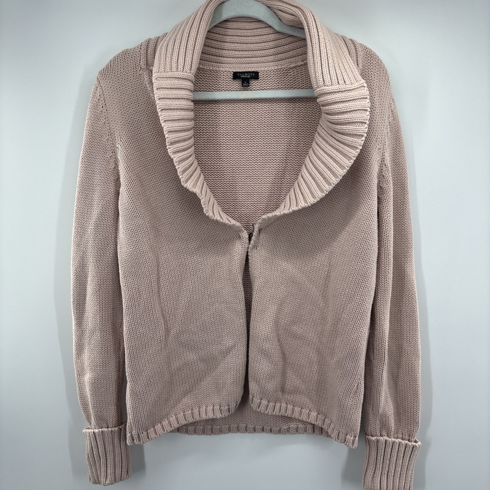 Talbots Knit Cardigan Sweater Womens Large Pink‎ Open front Heavyweight Cotton